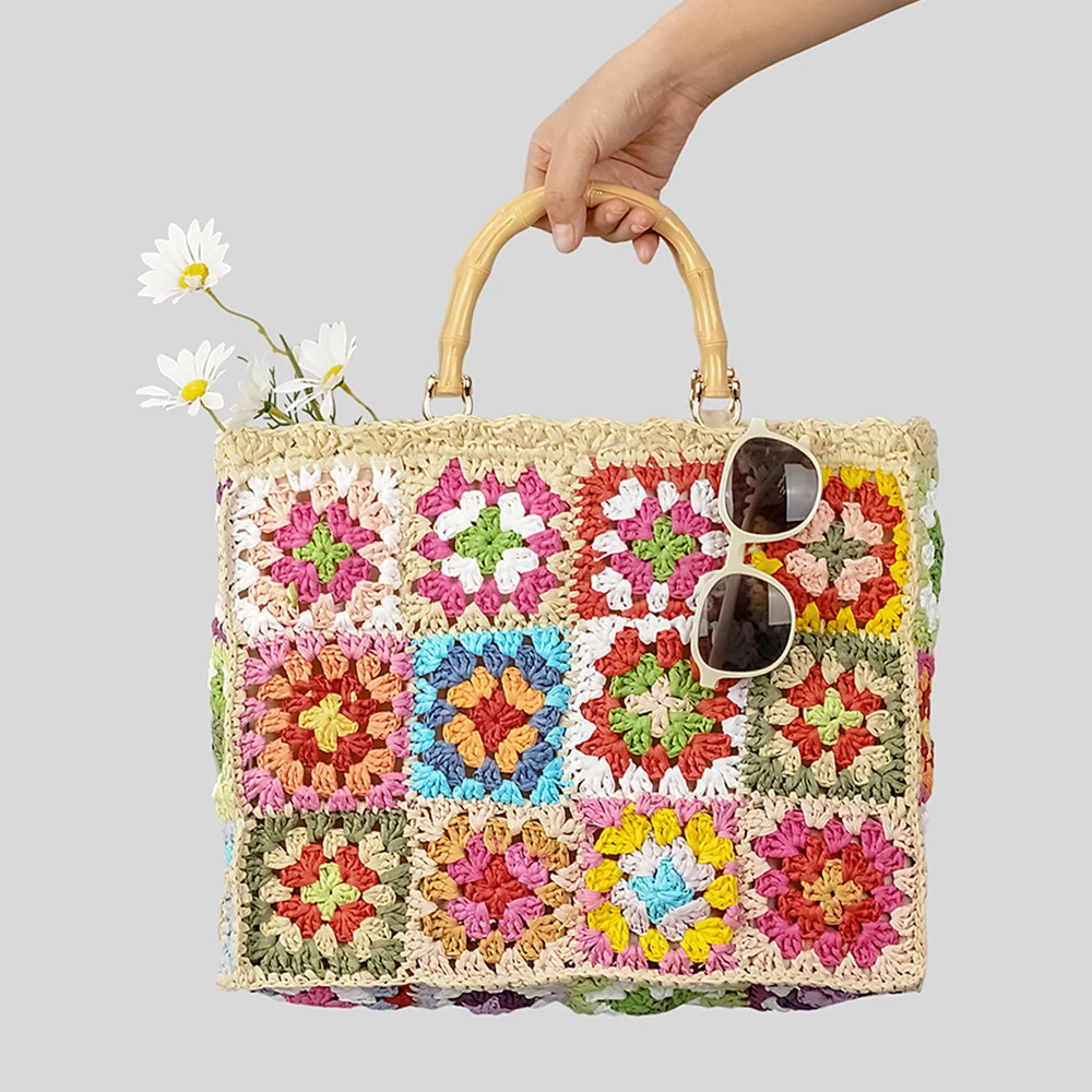 Bolsas xadrez flor boêmia para mulheres sacolas tecidas, bolsa de tricô, alça de bambu falso, bolsas de compras, cor, designer, 2024