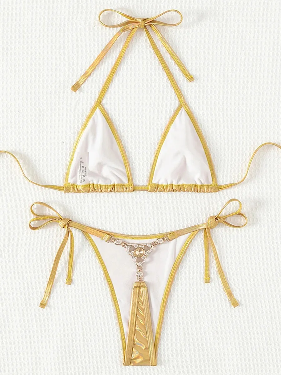 Extreme Mini Micro Thong Bikini PU Shiny Diamond Bikinis Female Swimsuit Women Swimwear Two-pieces Bikini Set Bathing Suit Swim