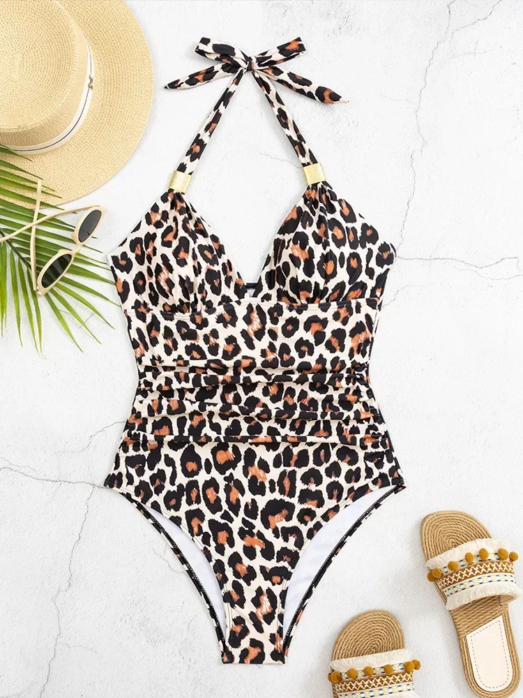 UETEEY 2025 New Summer Swimwear One Piece Swimsuit Sexy Leopard Laced Up V Neck One Piece Bikini Women Swimsuit Beach Bikini