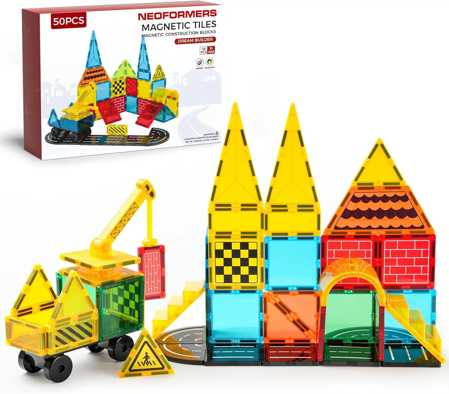 

Magnetic Tiles Builder Construction Set, Magnetic Tiles Road Cars Set STEM Toys for Ages 3-8, Montessori Sensory Educational Mag