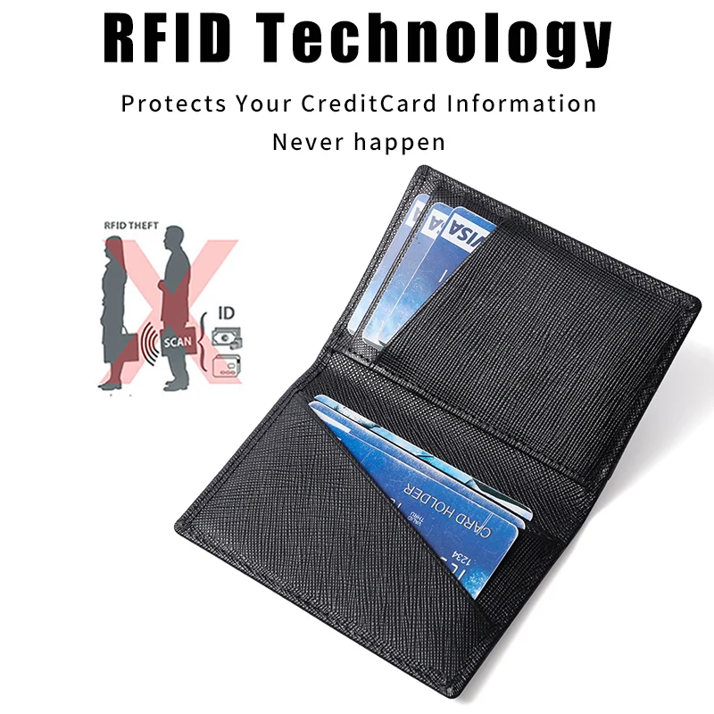 Dompet Kartu Kecil Lipat Dua RFID Kulit Sapi 100% untuk Pria Warna Kontras Pola Silang Ramping Kulit Asli Tempat Kartu Kredit Pria