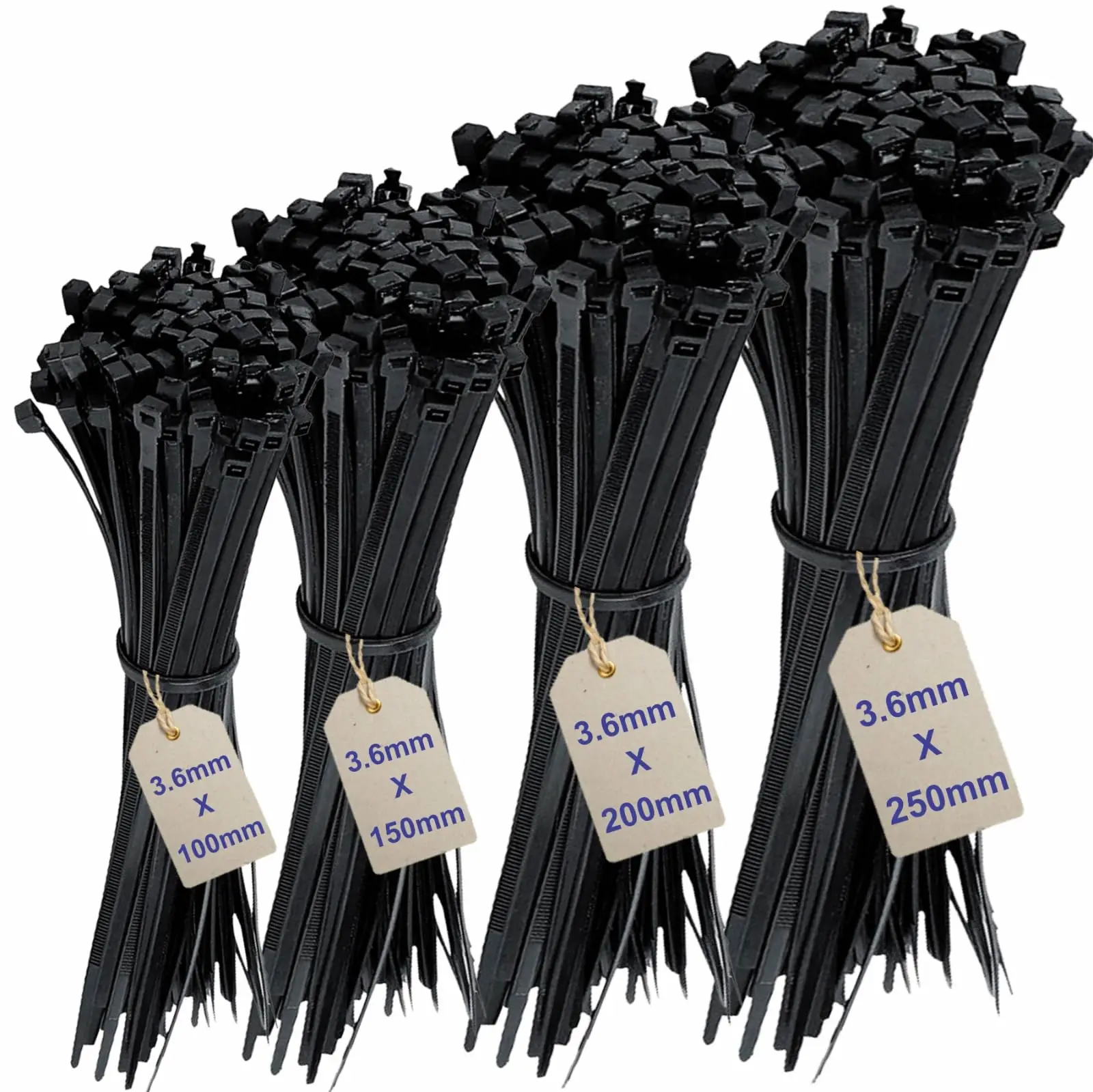 200pk Mixed Cable Ties - 4 Sizes (100-250mm) Heavy Duty Nylon Zip Ties