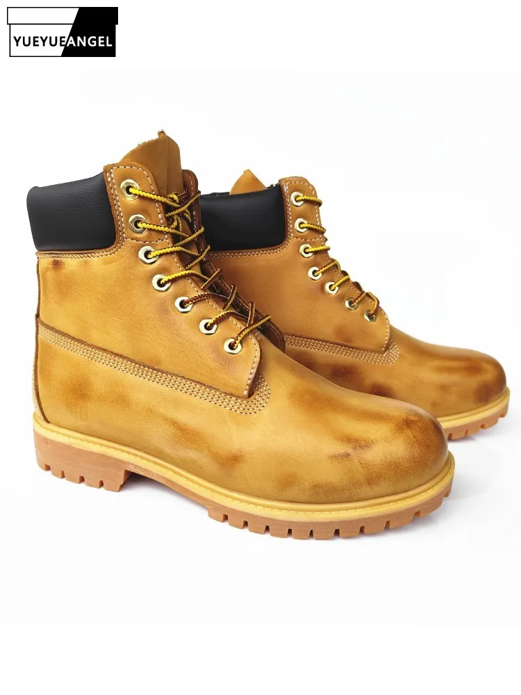 Männer Handgemachte Vintage Rindsleder Echtes Leder Stiefeletten Lace Up Frühling Herbst Fracht High Top Schuhe Herren Motorrad Kurze Stiefel