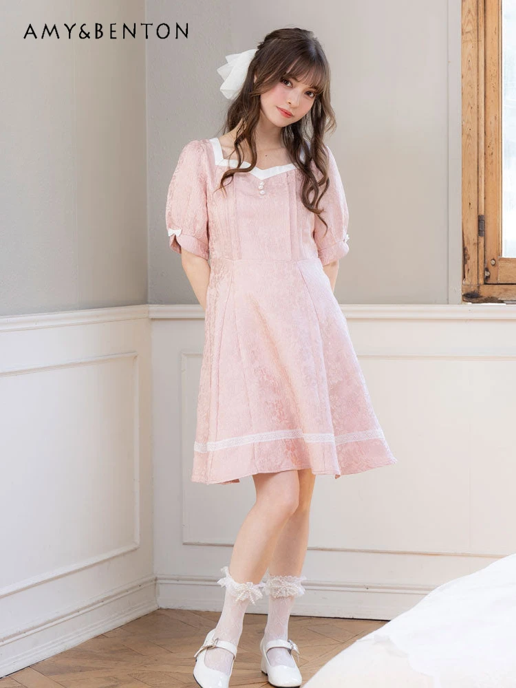 

Japanese Sweet Lolita Dresses Elegant Heavy Industry Palace Style Printed Square Collar Bow Puff Sleeve Slim Mini Dress Women