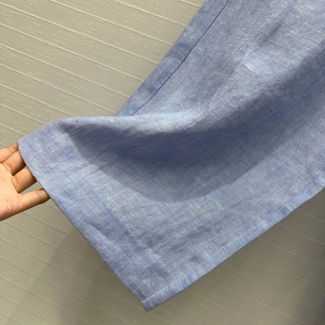 High Quality Old Money Style 100% Linen Wide Leg Suit Pants Women High Waist Blue Color Elegant Office Lady Loose Long Trousers