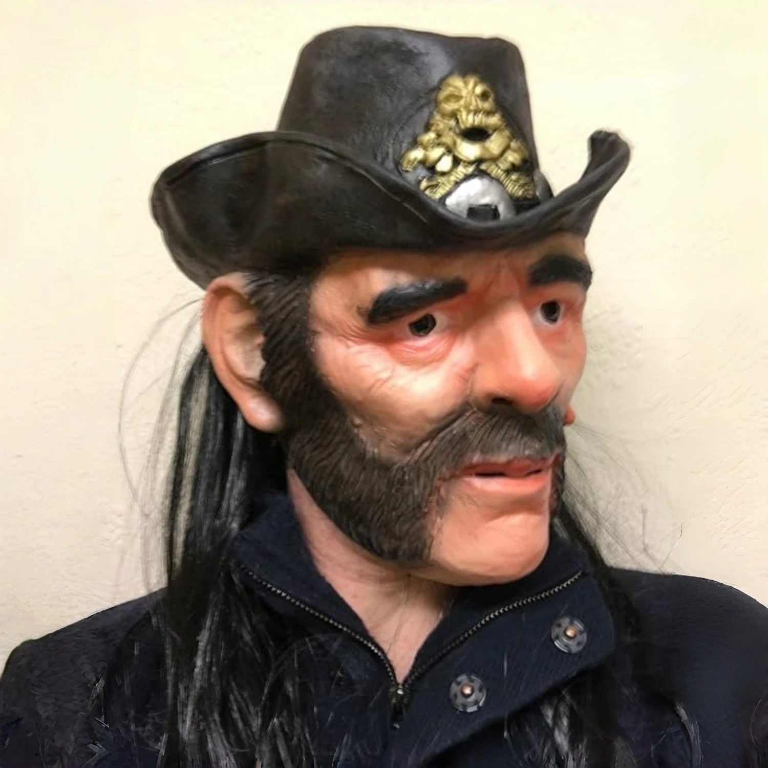 Máscara de celebridad Lemmy Kilmister para adultos con sombrero y peluca de látex de goma accesorio de disfraz de vaquero para anciano cantante Pop