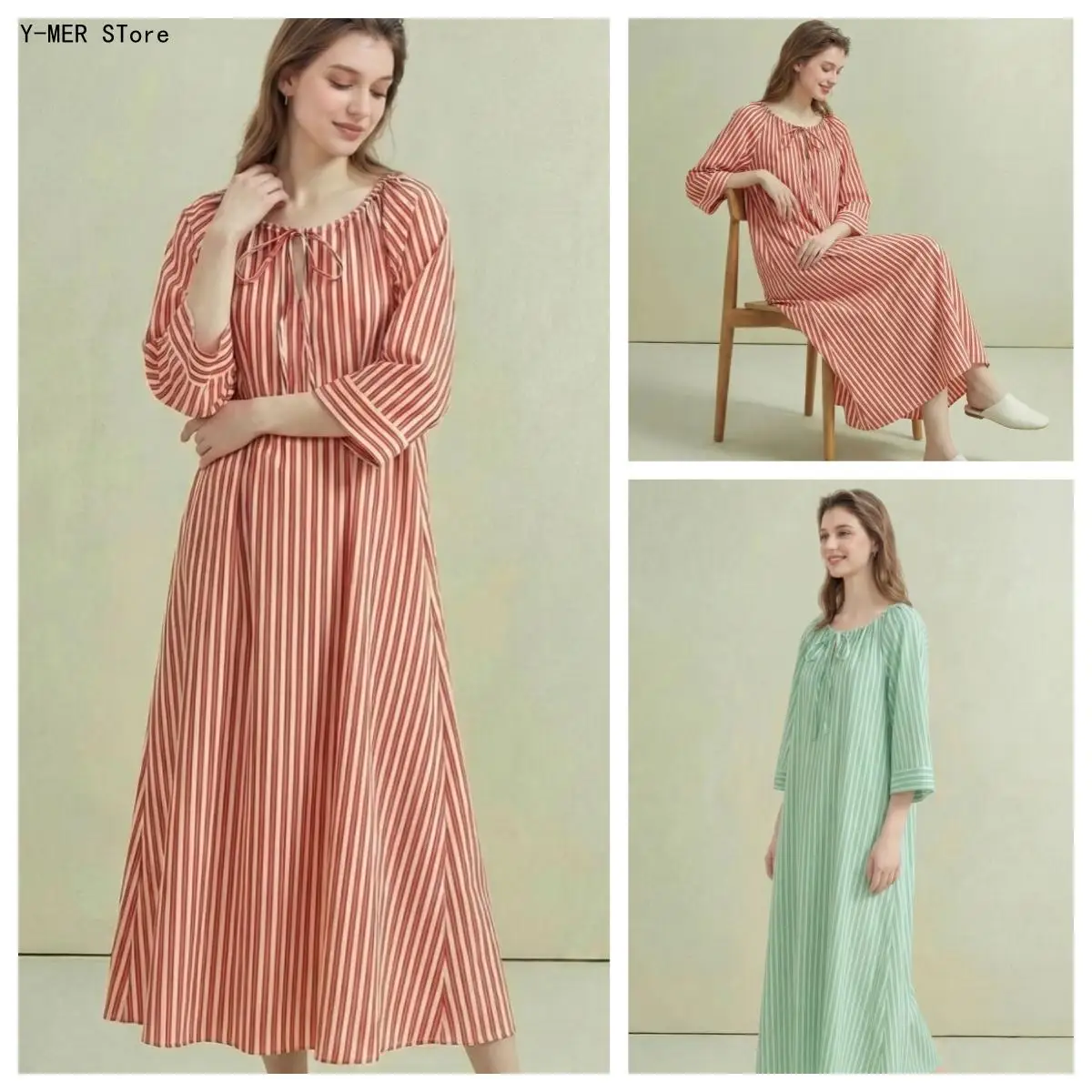 

New Striped Print Long Sleeve Cotton Nightgown Aerobic Double Gauze Breathable Women Home Sleep Dress