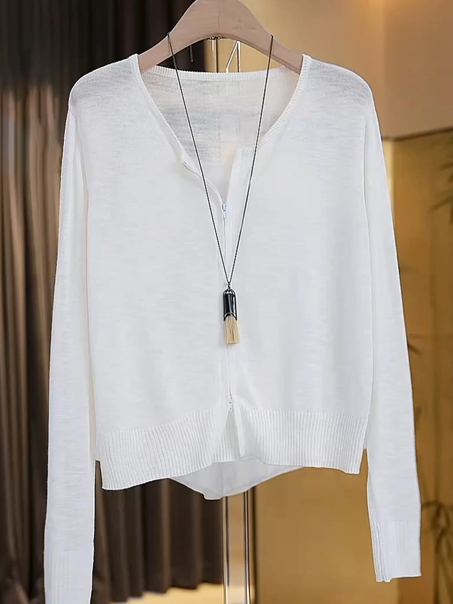 

Double Zipper Breathable Long Sve round Ne Knitted Cardigan Commute Simple Color Korean Sle Poet Lin Silk Top