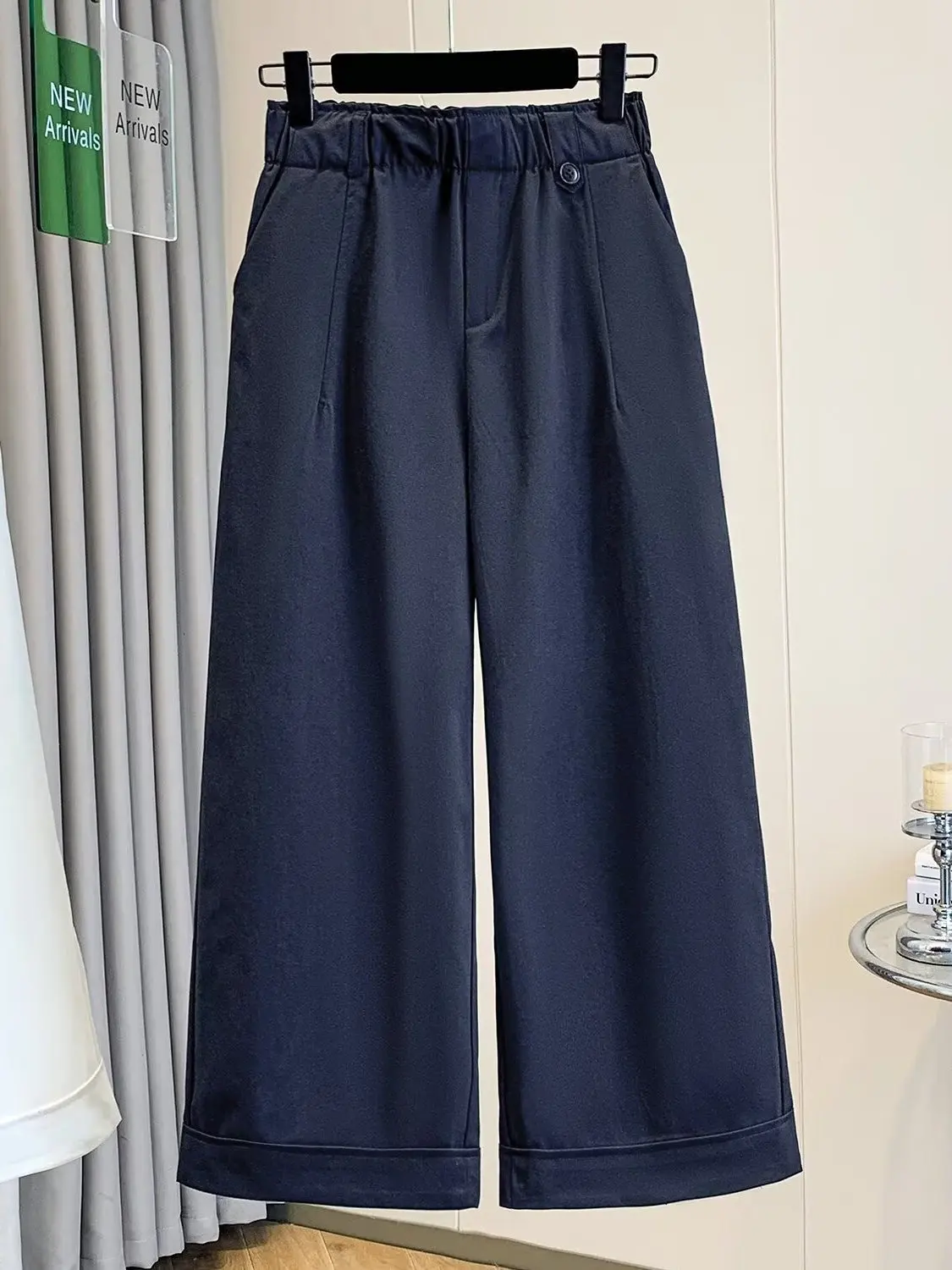 High Waist Wide Leg Pants Women's Commuter Style Loose Nine Points Cuffed Straight Casual Trousers Trendy plus Size