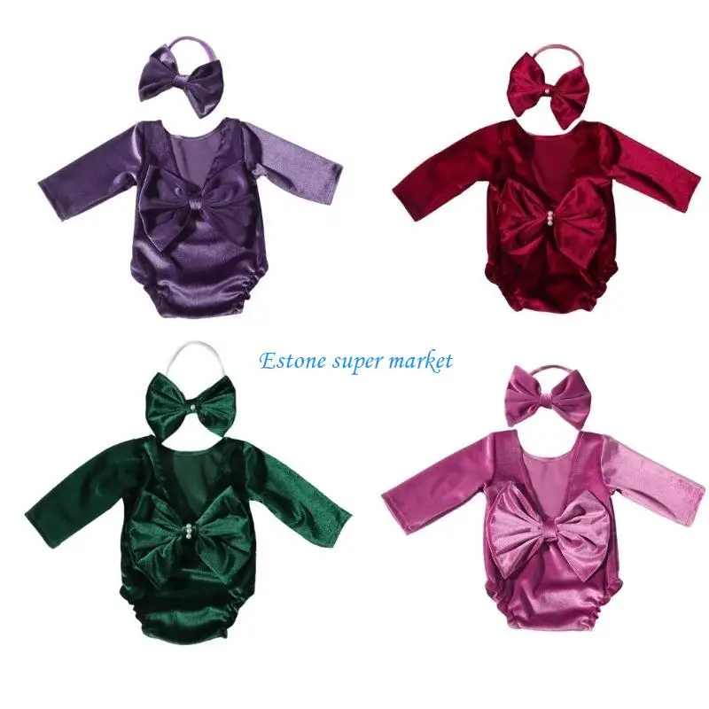 

090B Newborn Outfit Baby Romper with Headband set for Christmas Photoshoots