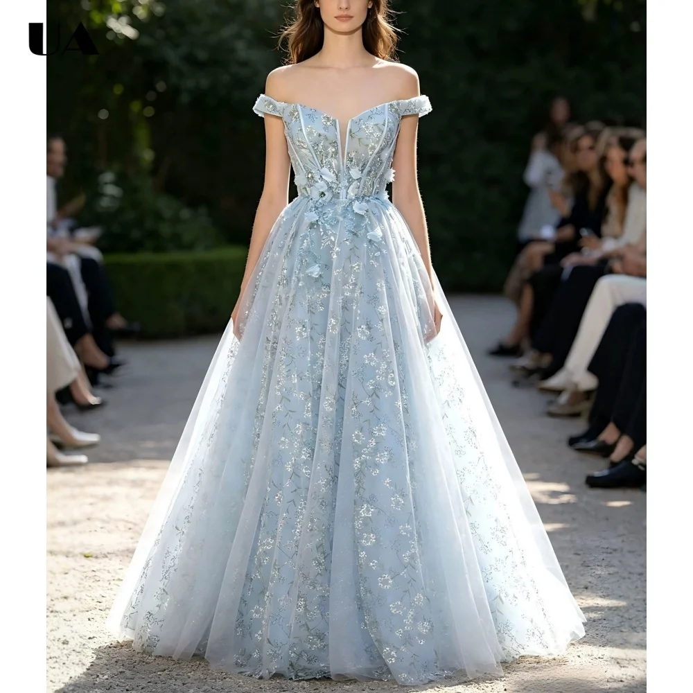 

ULBYANRY Customized Solid Mesh Off-the-shoulde Evening Dress for Woman Exquisite 3D Flower Party Dress Elegant A-line Ball Gown