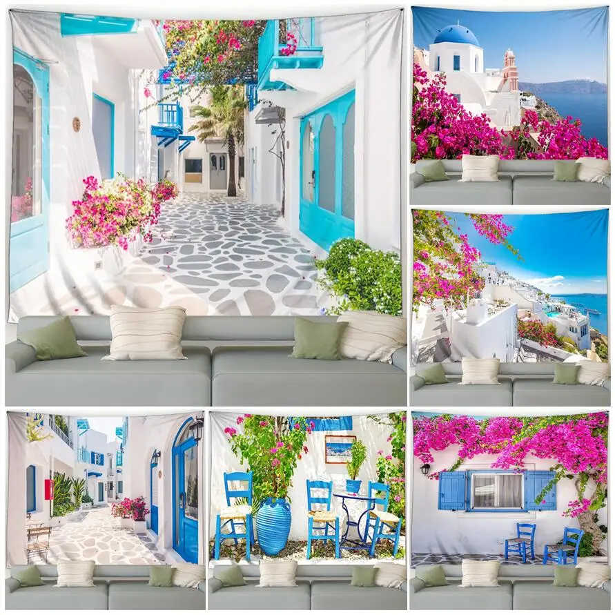 Greek Landscape Tapestry Seaside Town Streets Flowers Plants Blue White Door Window Architecture Garden Wall Hanging Home Decor