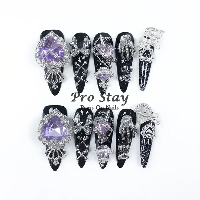 10 Uñas Postizas Hechas a Mano Negras Y2K, Decoración de Diamantes y Metal, Frescas y Geniales 4