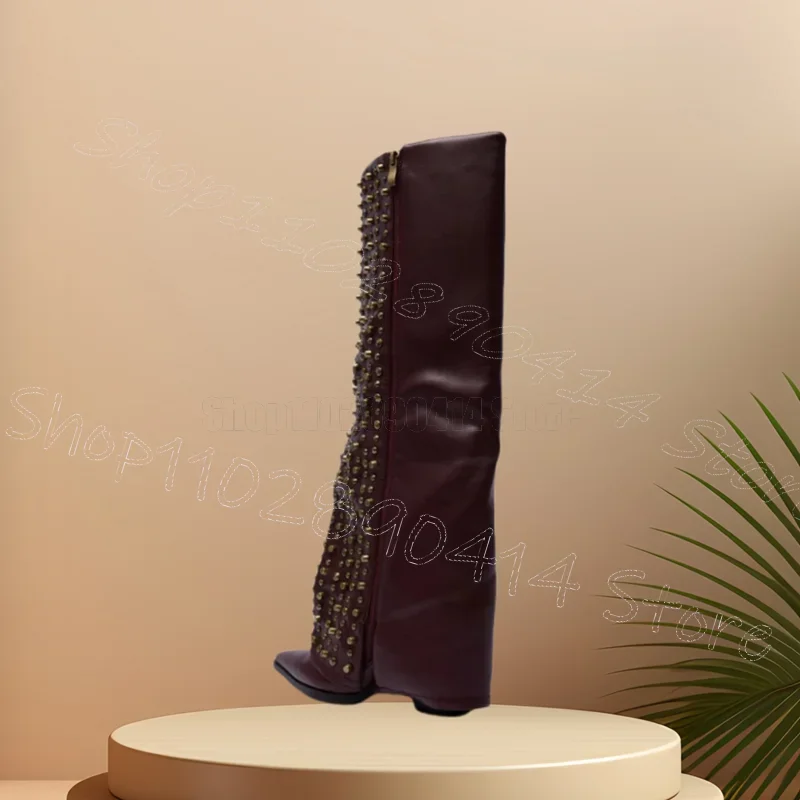 Gold Spikes Brown Turned Over Pointed Toe Boots Side Zipper Women Shoes Chunky High Heels Party Dating 2026 Zapatos Para Mujere