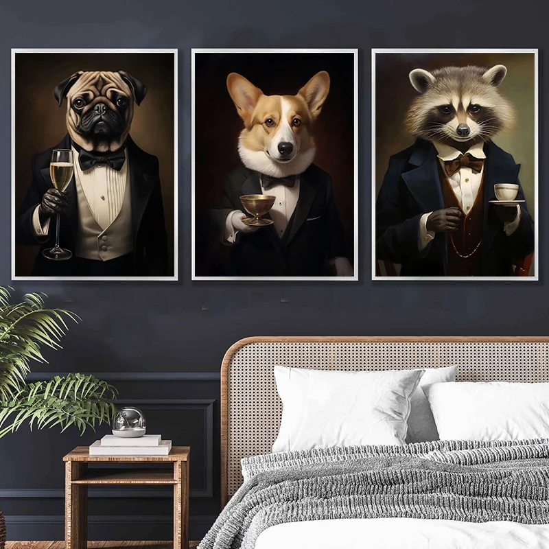 Funny Animals Raccoon in Tuxedo Owl Pug Suit Print Poster Canvas Painting Cute Kawaii Wall Art Pictures Living Room Home Decor