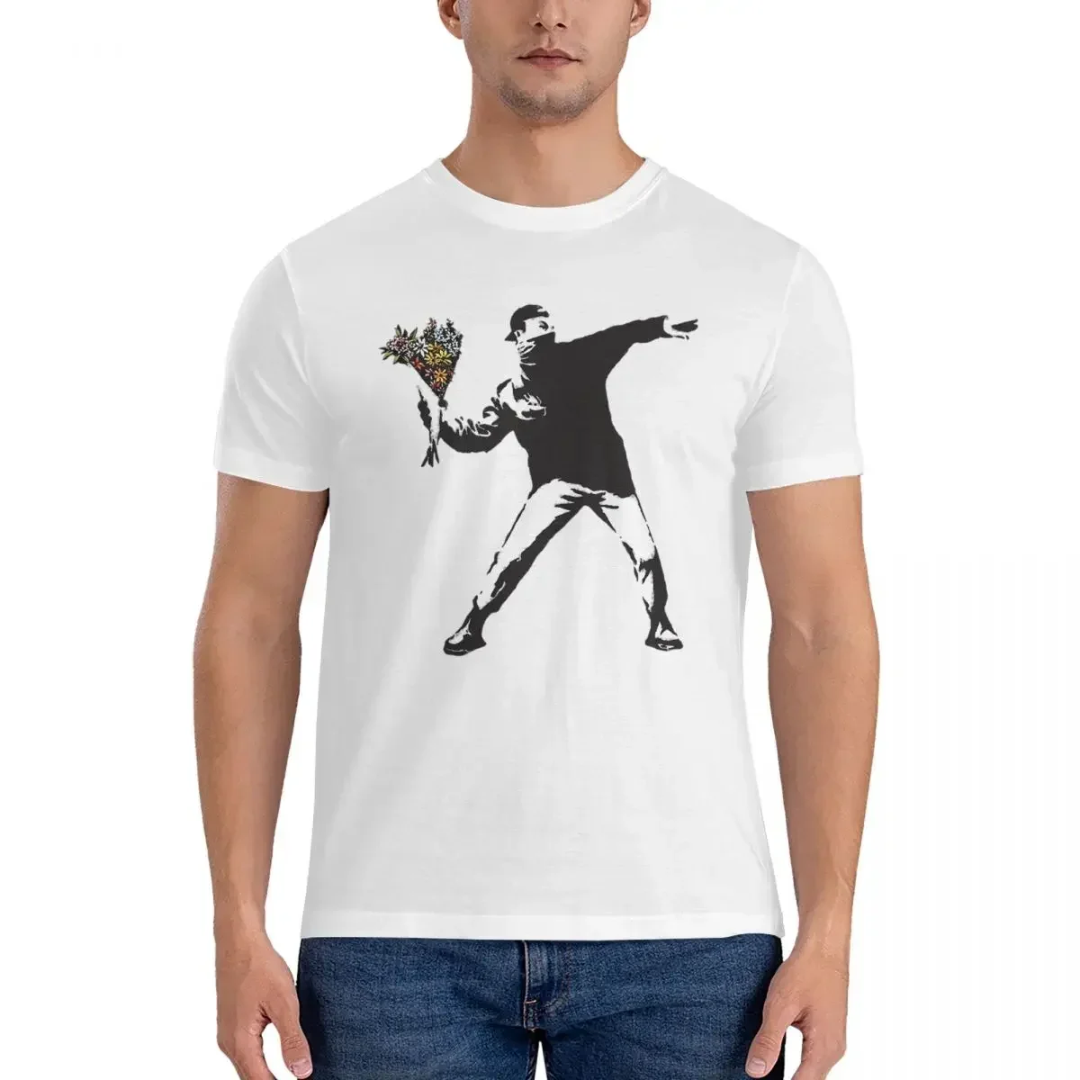 Banksy Graffiti Protest Anarchist Throwing Flowers Thrower T-shirt Men Fashion T Shirt Men O-Neck Summer Shirts Tops