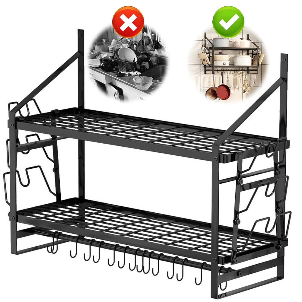 

Wall Mounted Pot Rack Kitchen Pot Rack 2 Tier Pot Lid Organizer Heavy Duty Pot and Pan Hanger with Hooks for Cookware Utensils