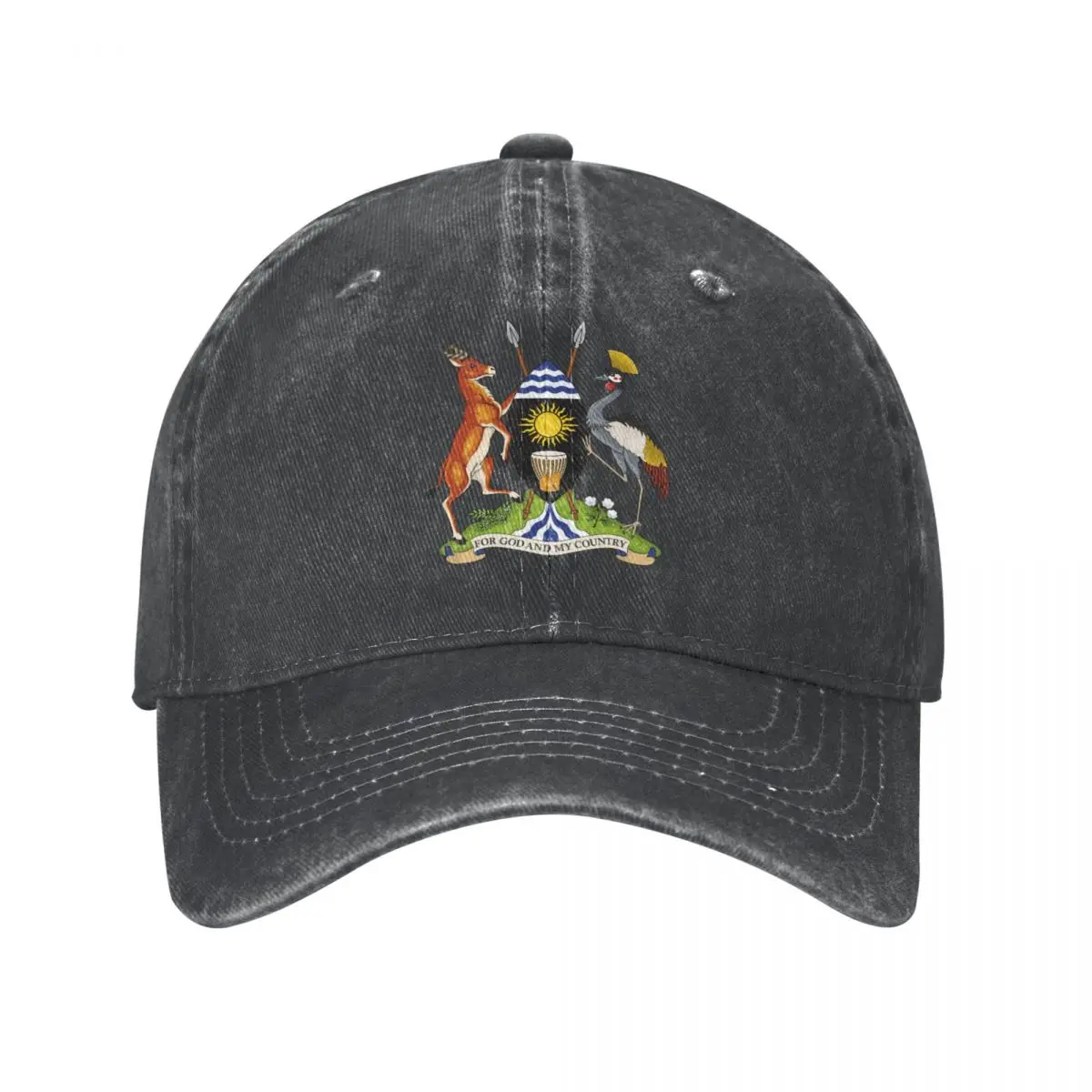 

Men Baseball Cap Uganda Emblem Charcoal Washed Denim Classic Vintage Cotton Dad Trucker Hat Unisex Adult