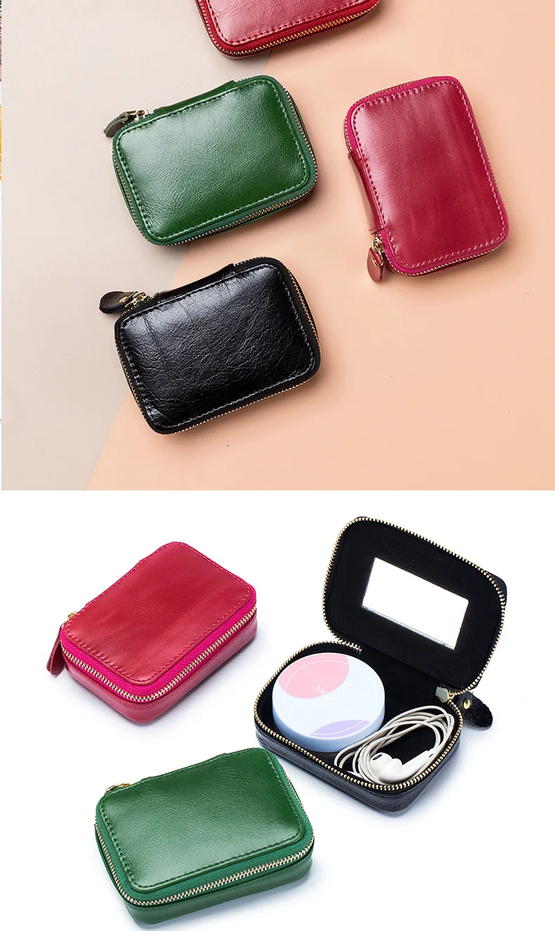 Lady Genuine Leather Lipstick Square Small Bag with Mirror Cowhide Cute Makeup Bag for Women's Jewelry Box Mini Coin Storage Bag