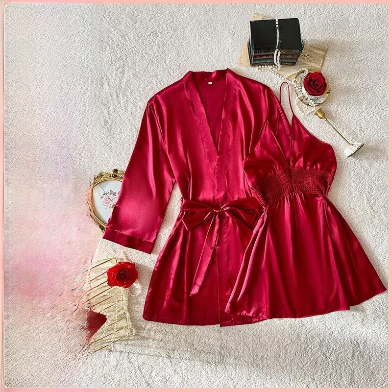 

Sexy Strap Sleep Dress And Robe Set Home Clothes Short Skirt Long Sleeve V-Neck Pullover Pure Color Sweet Style for Youth