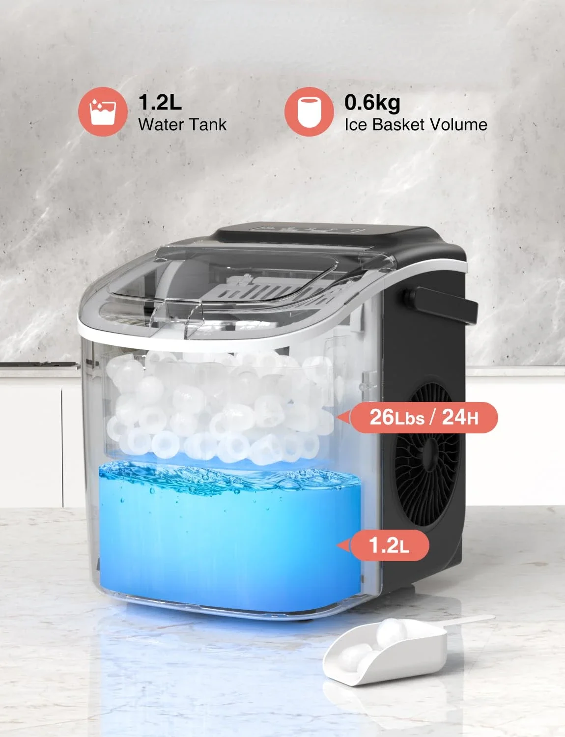 ith Quiet Operation, Portable Ice Maker for Home, Office, Bar, Party, Ice Cubes Maker Machine with Transparent Window, Easy to U