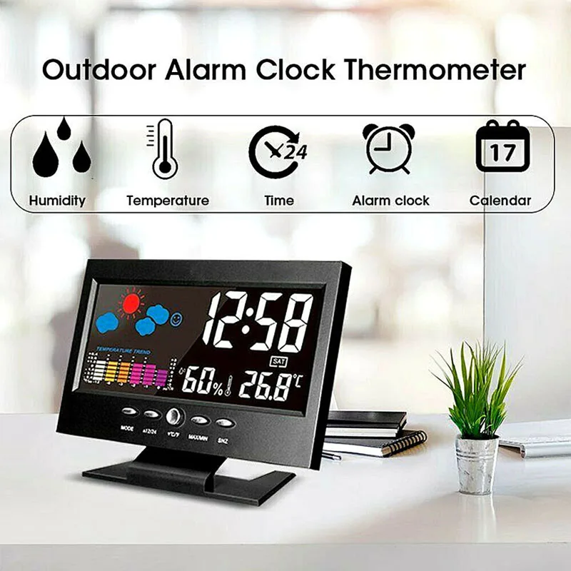 LED Digital Alarm Clock Snooze Calendar Thermometer Hygrometer Weather Display Weather Electronic Alarm Clock Room Table Decor