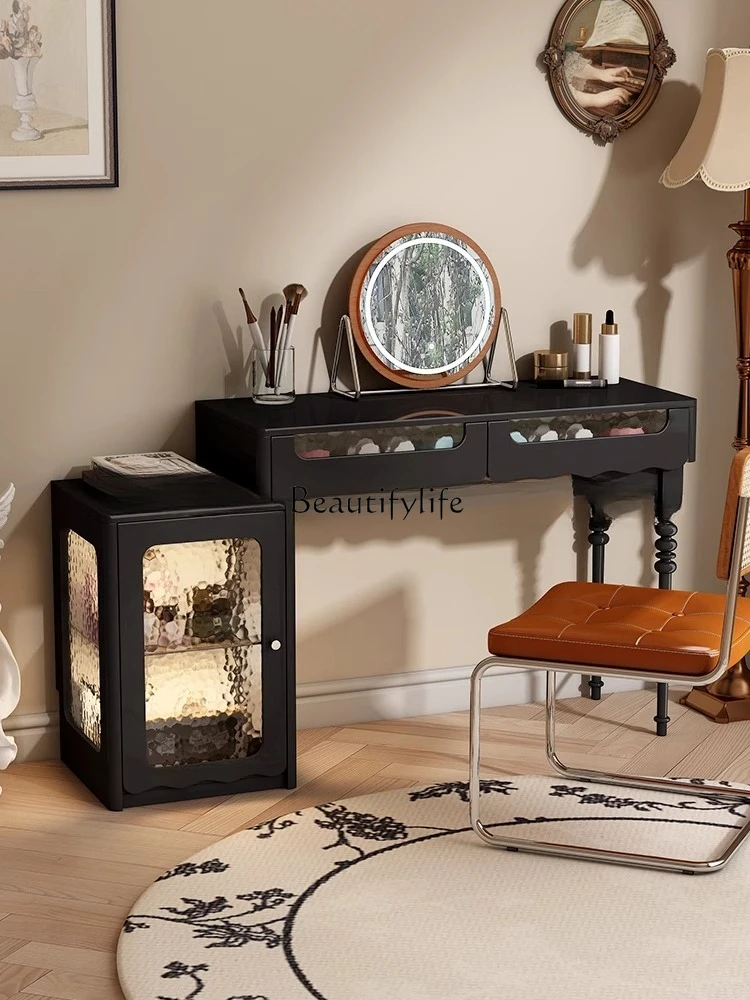 

Solid Wood Dressing Table French Retro Vintage Style Makeup Table with Integrated Cabinet Customization