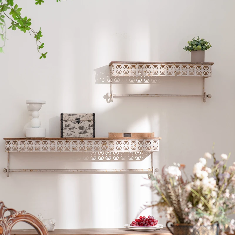 

French retro wall rack living room wrought iron wall hanging baffle storage table solid wood entrance display rack wall hanging