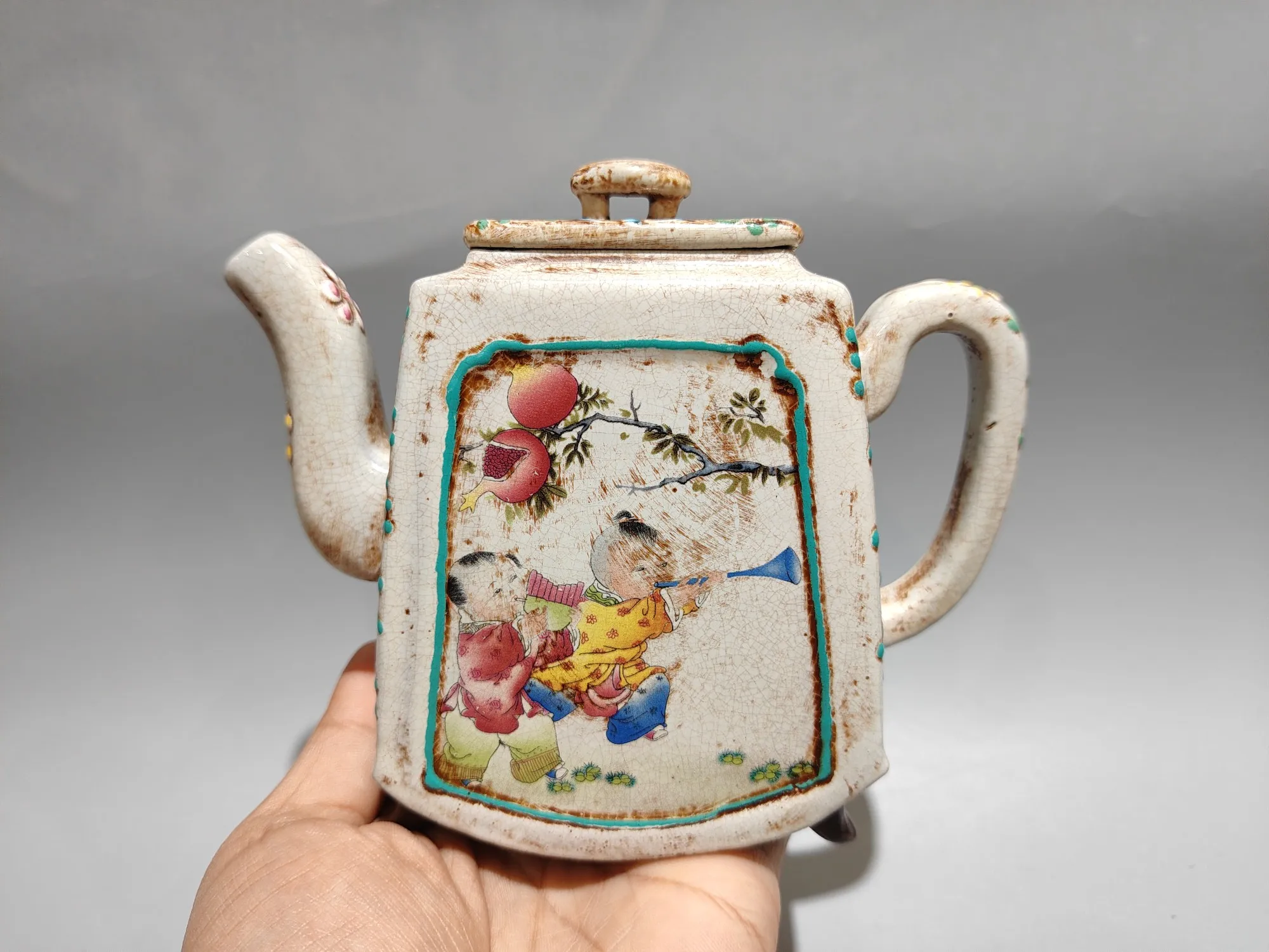 Yixing Teapot Purple Clay Mud painting Child pattern Childlike Delight Four sided teapot Teapot Kettle Tasting tea ceremony