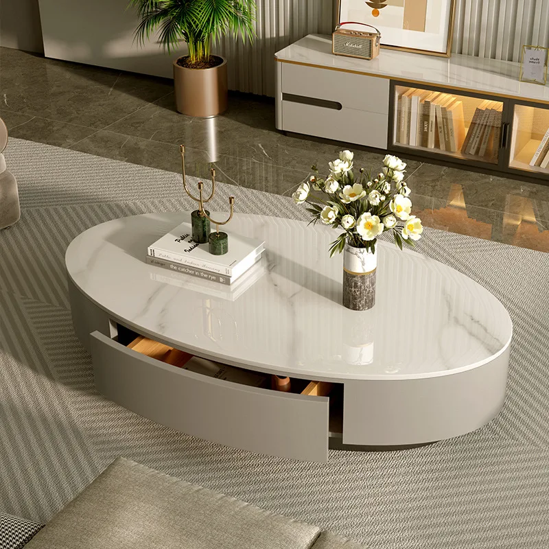 

Light luxury living room oval rock slab coffee table, simple home apartment low tea table rock slab coffee table TV cabinet