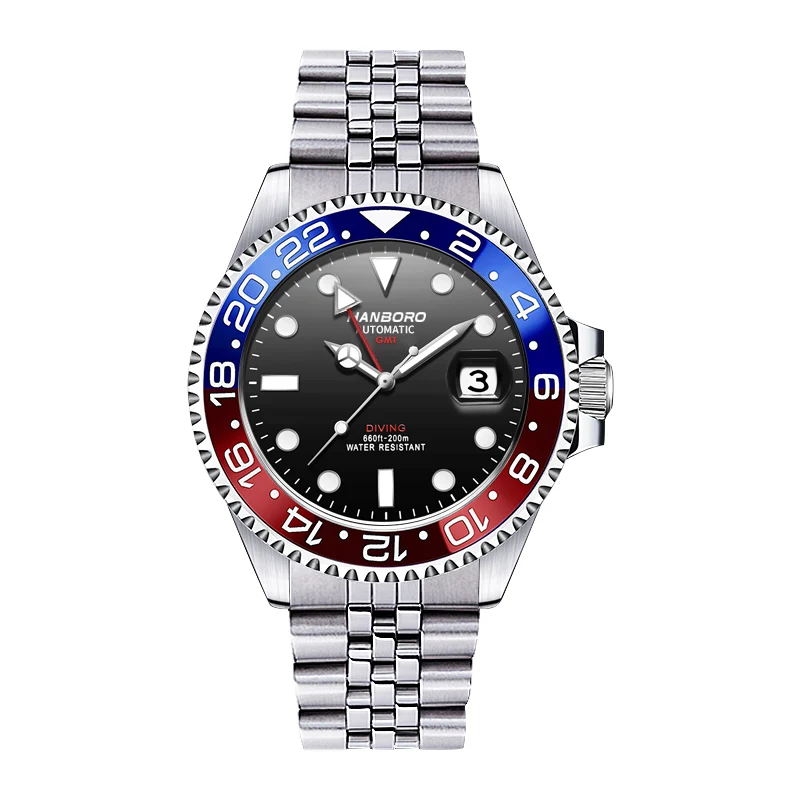 HANBORO Men Luxury Watch 44mm GMT Automatic Mechanical Wristwatch Vintage Waterproof Luminous Rotatable Ceramic Bezel Date