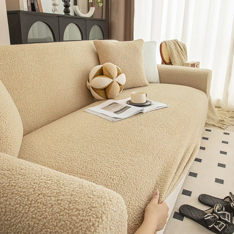 Solid Color Teddy Velvet Warm Sofa Cover High Elastic Thick Corner Couch Covers for Winter Anti-Scratch Pet Friendly Sofa Pad
