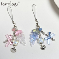 Y2K Bow Jellyfish Tassel Mobile Key Chain Bowknot Jellyfish Marine Life Phone Charm Keychian Korean Pink Blue Paired Bag Keyring