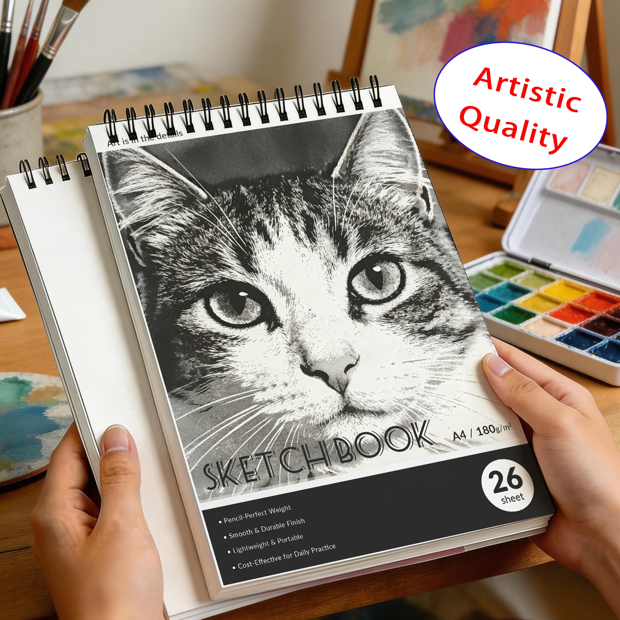 Lightweight Portable Sketchbook, A4/A5 180gsm, 26 Sheets, Spiral Bound with Tabby Cat Halftone Cover, Art Pad for Back to School