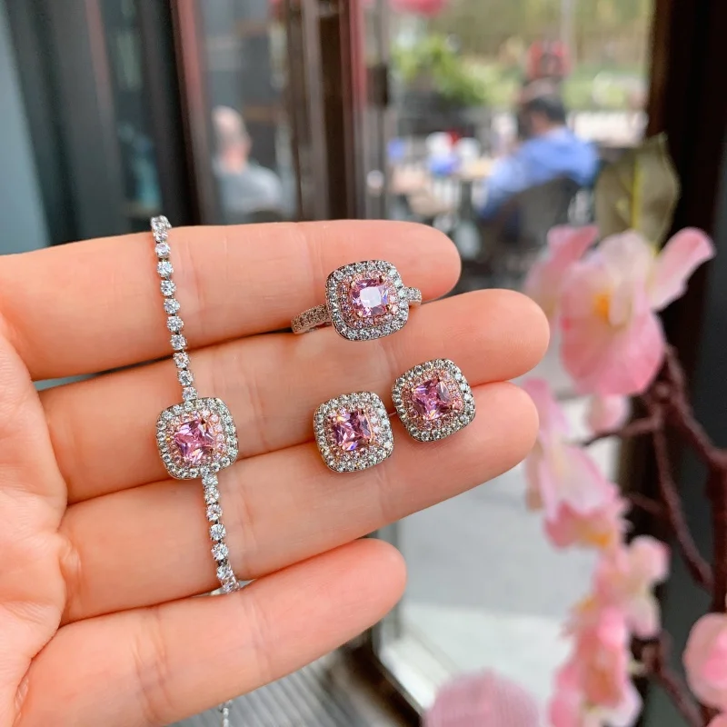 Xiaohongshu Small Sugar Cube Ring Shiny Zircon Sterling Silver Needle Pink Diamond Stud Earrings/Bracelets Ring Accessories