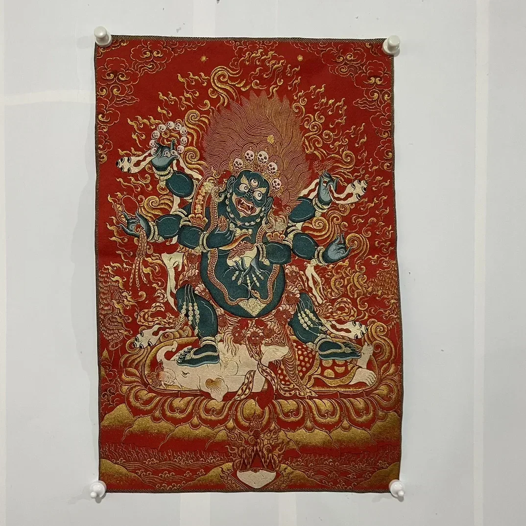 Tibetan Buddhism Mahagala Six Armed Protector God of Wealth Statue Tangka Embroidery Decoration Hanging Painting