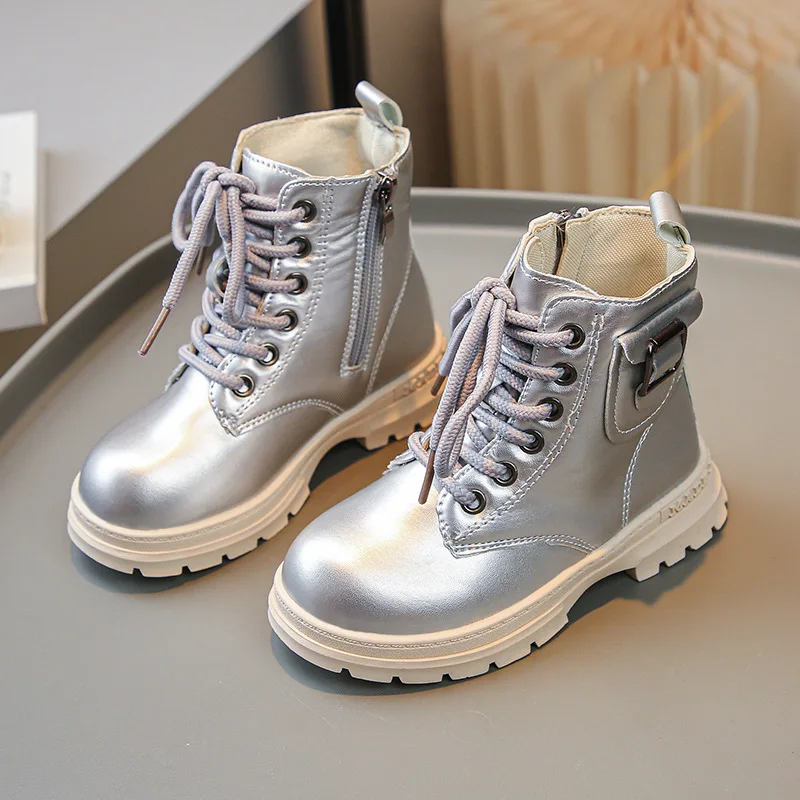 Autumn Winter Children Leather Boots Girls Silver High-top Boots Princess Side Buckle Design Leather Shoes Kids Warm Cotton Boot