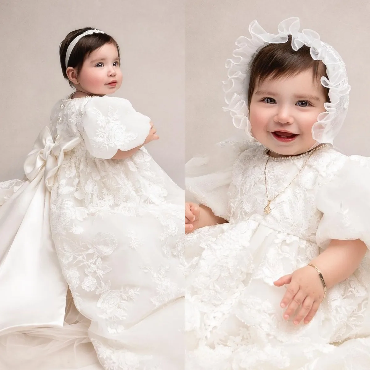 Luxury Long Baptism Dress for Baby Flower Girls Dresses Short Sleeve Fluffy Christening Gowns Girl Blessing Dress