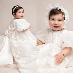 Vestido de bautismo largo de lujo para niñas, vestidos de flores para bebés, manga corta, vestidos de bautizo esponjosos, vestido de bendición para niñas