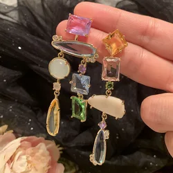 Women Colorful Crystal Earrings S925 Silver Needle Luxury Asymmetric Gradient Transparent Super Sparkling Drops