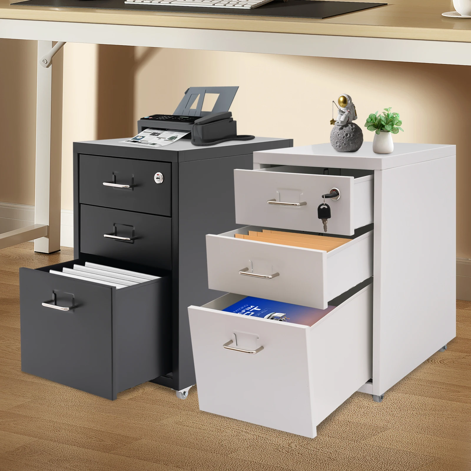 

Металлический шкаф для документов на 3 яруса с замком и колесами, передвижной органайзер для файлов для офиса и дома, из холоднокатаной стали