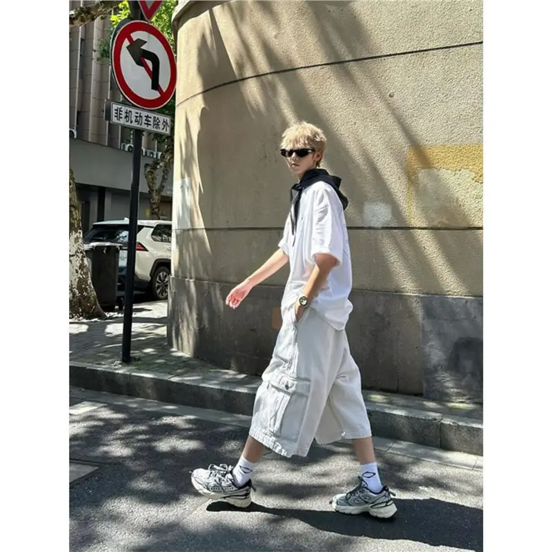 Men's Workwear Shorts Large Pockets Cargo Pants Streetwear Summer Korean Fashion Paratrooper Pants Wide Leg Seven Trousers Men