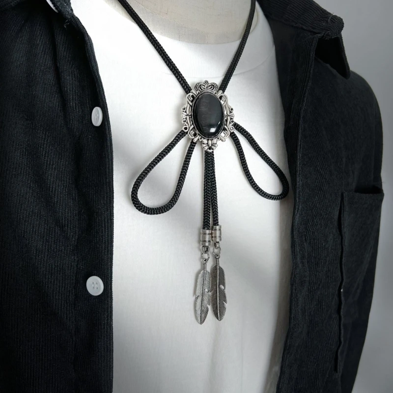 Men Vintage Bolo Tie Western Cowboy Antique Stone Feathered Pendant Shirt Collar Jewelry Braided Rope Necktie Neckwear