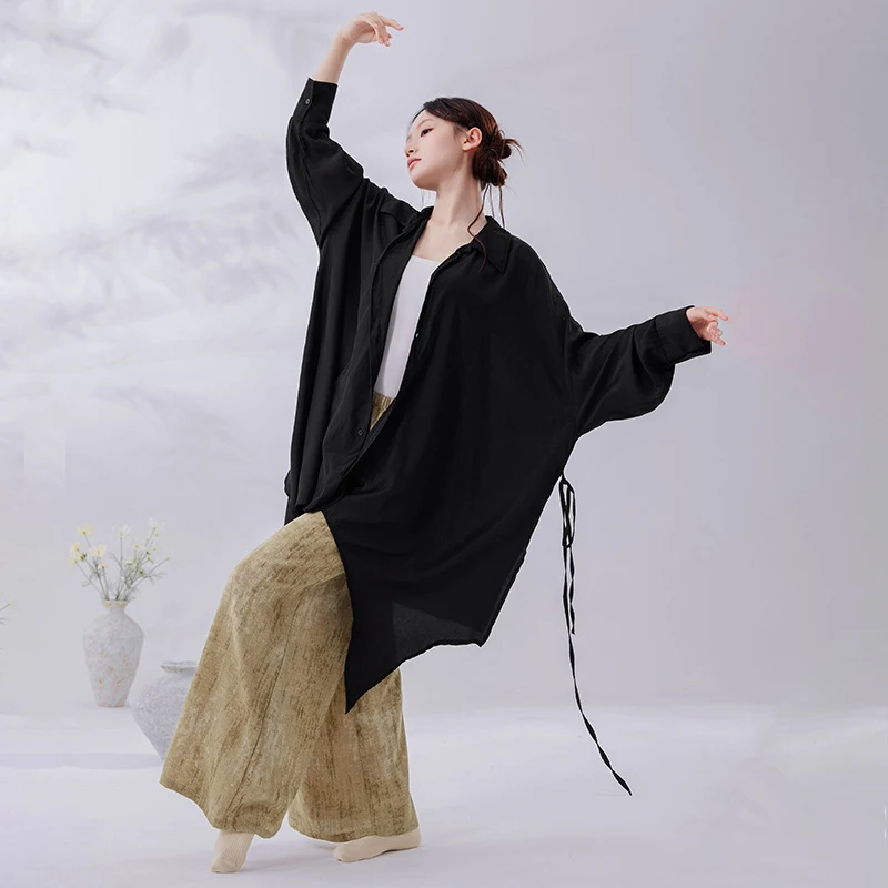 Women Yoga Top Long Loose Shirt Adult Modern Dance Cover Up Waist Tied Irregular Hem Classical Jazz Dancewear Training Costume