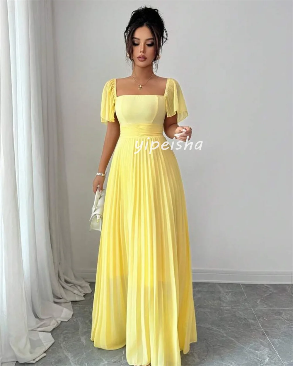 Customized Modern Style Sizes Available Chiffon Pleat Draped A-line Square Neck Long Dresses Bespoke Occasion Dresses Matching
