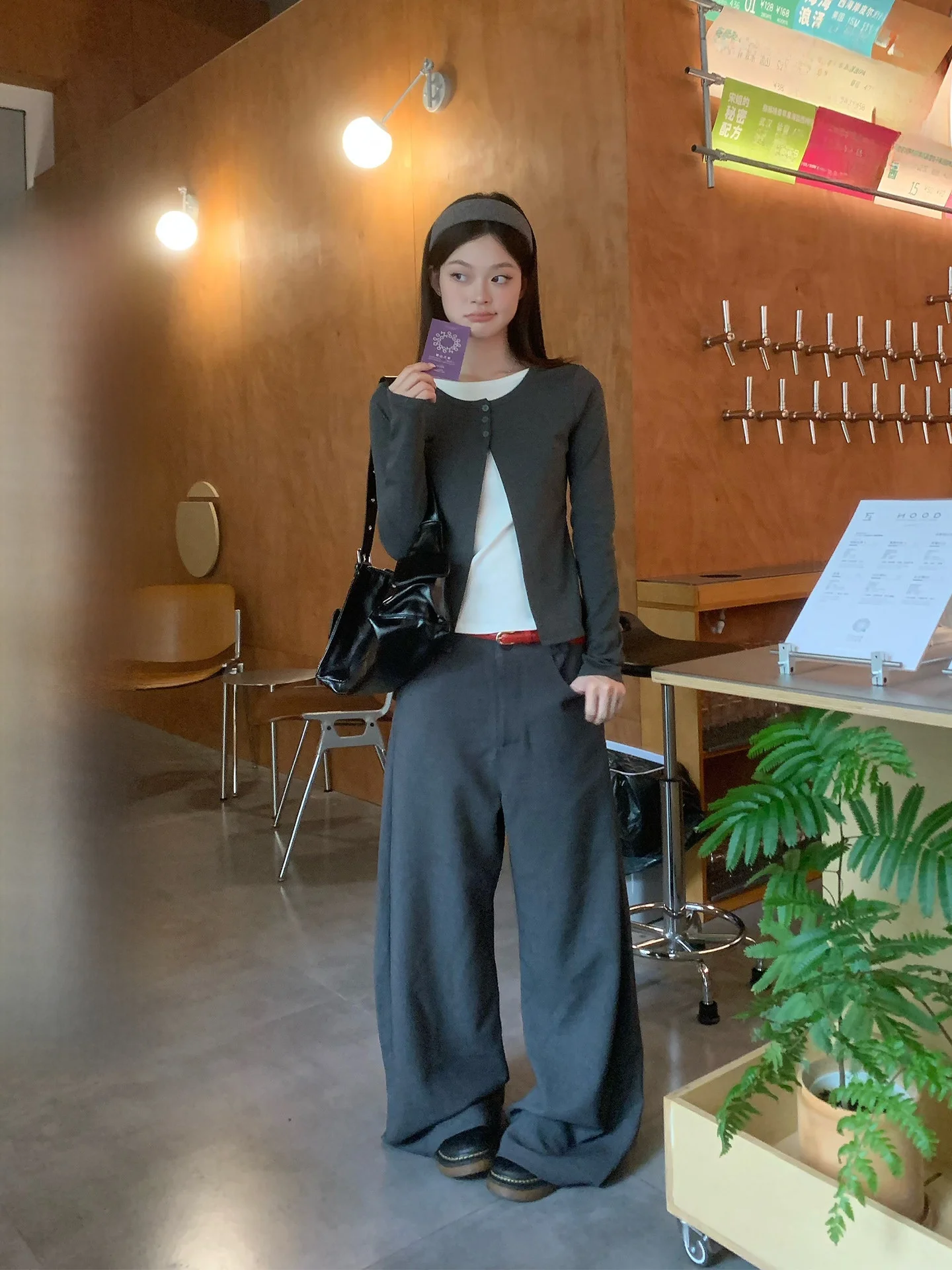 Deep Grey Suit Pants Women's High Waist Straight Leg Loose Casual Trousers Commute Style Korean Simple Design Wide Leg Long P...