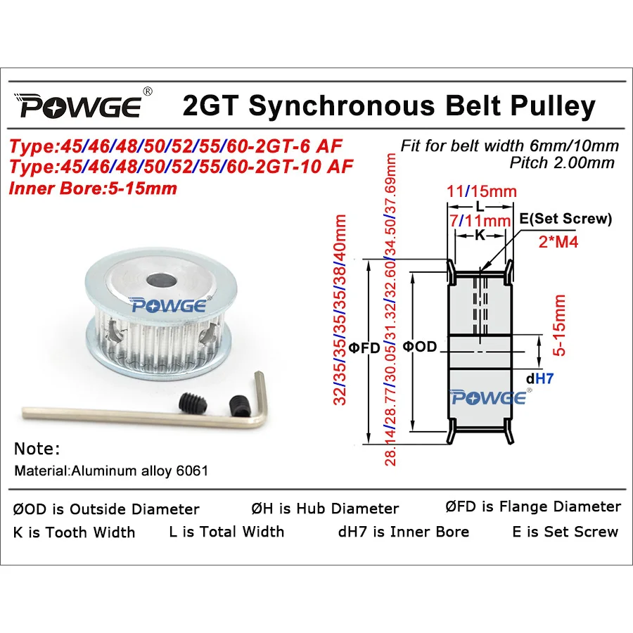 POWGE 45 46 48 50 52 55 60 teeth 2MGT 2GT Timing Pulley AF Bore 5mm-16mm for GT2 belt width 6/10mm 45T 46T 48T 50T 52T 55T 60T