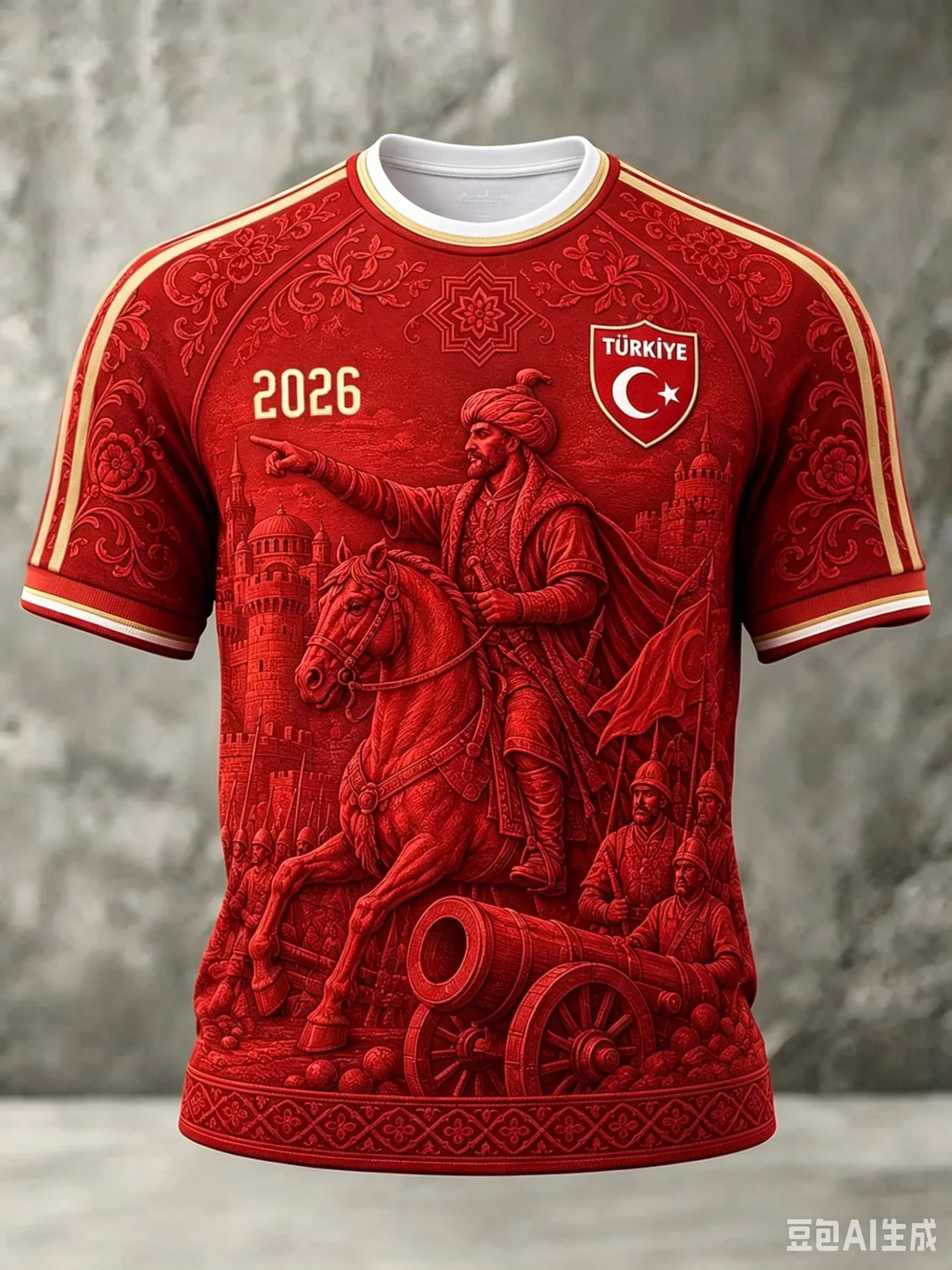 2026 Turkey Football Jersey Red Paisley Floral Print TÜRKIYE Crescent Star Sleeve Turkish Sports Quick-dry Family Kids Tees