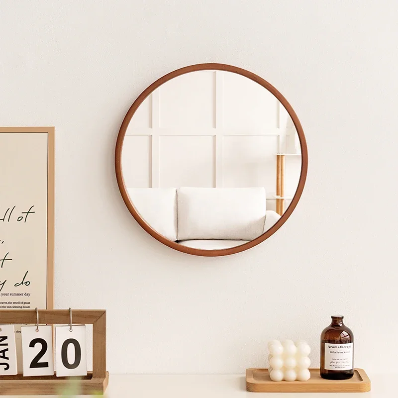 Minimalist Wooden Makeup Mirror Round Wall Bathroom Desktop Vanity Stand Natural Wood Frame Compact Modern Face Decorative