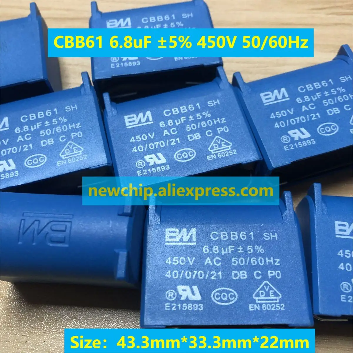 5pcs/lot BM CBB61 6.8uF 450V ±5% 43.3mm*33.3mm*22mm AC Fan Motor Starting Self-healing Film Capacitor